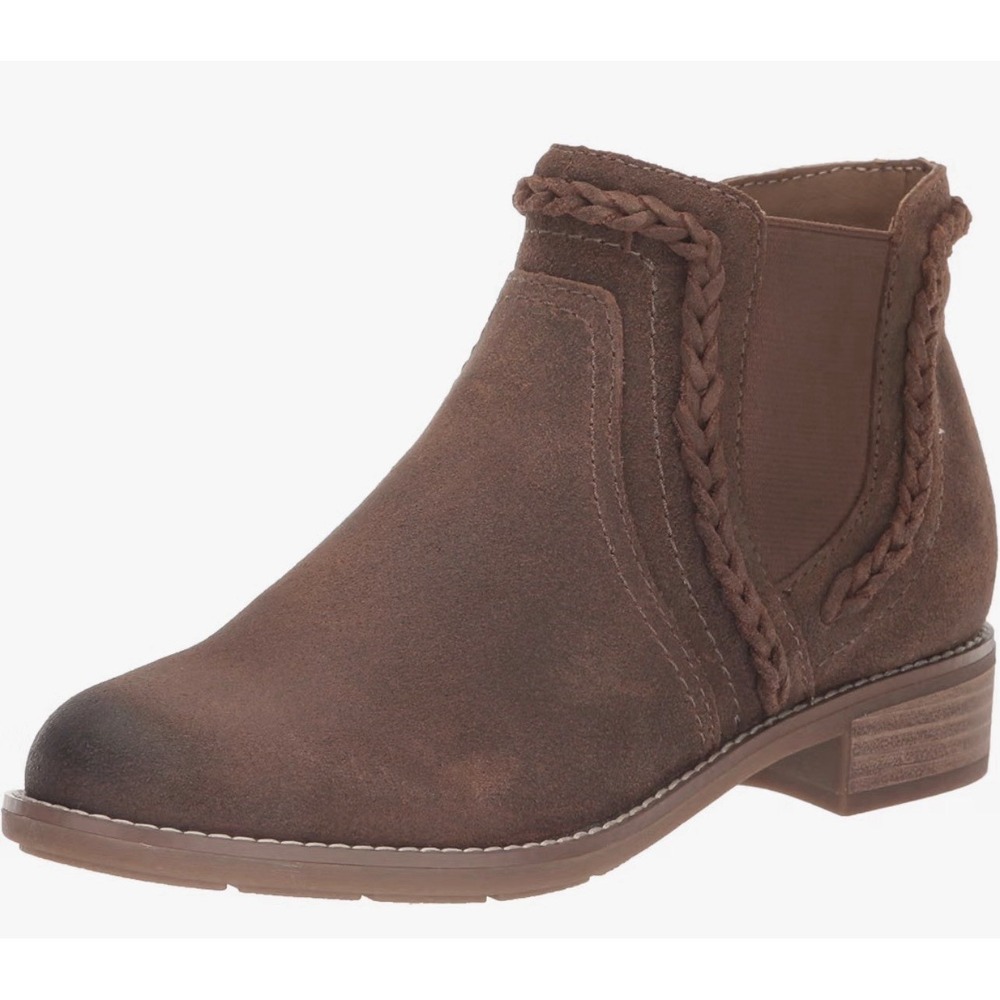 Earth Nika Women Boot size 8 M Dark Brown Suede Braided Strap Ankle Bootie